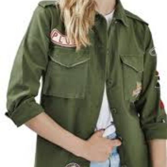 Topshop Olive Green Cotton Patches Button Front Military Jacket Size 4 - Picture 7 of 14